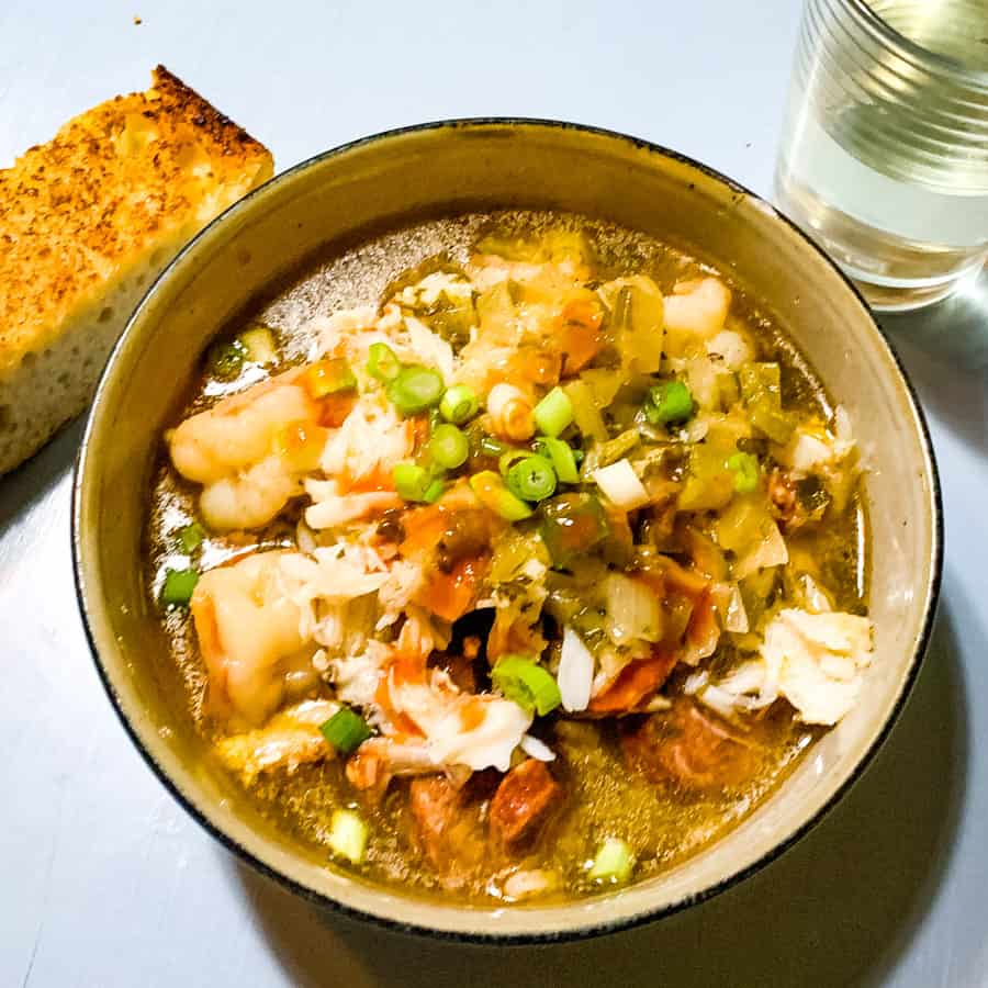 square picture of a bowl of crab gumbo
