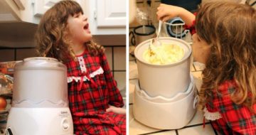mango ice cream in an ice cream maker and the author's neice helping