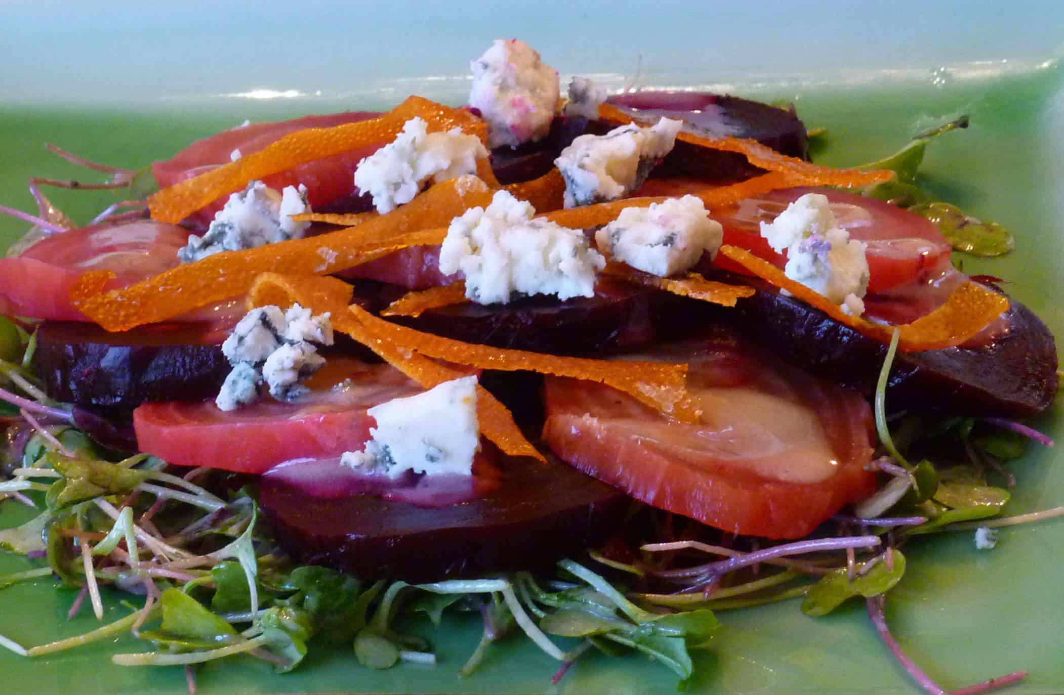 Beet Salad with Blue Cheese, Crisp Candied Orange Zest, and Champagne Vinaigrette