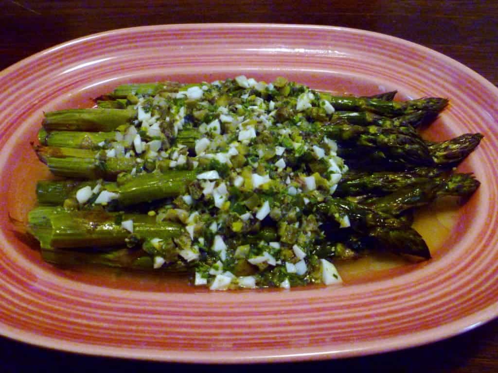 Roasted asparagus with sauce gribiche ona platter