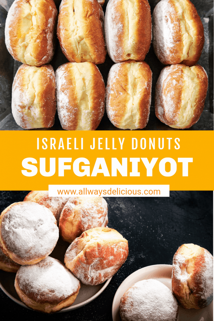 Pinterest pin for sufganiyot or jelly donuts for hanukkah. text says israeli jelly donuts sufganiyot. Top image shows 8 jelly donuts on their sides shot from overhead. Bottom image shows two bowls with jelly donuts in them. the donuts are dusted with powdered sugar.