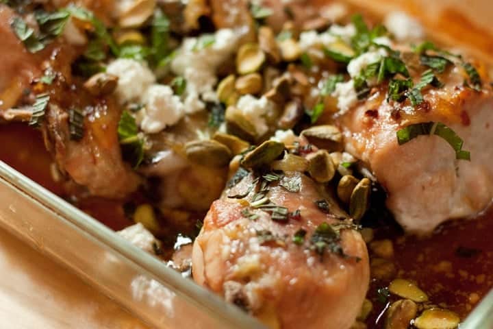 lemon chicken with marmalade glaze and pistachios