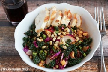 quinoa salad with grilled chicken, kale, cabbage, raisins, radishes, and apple vinaigrette