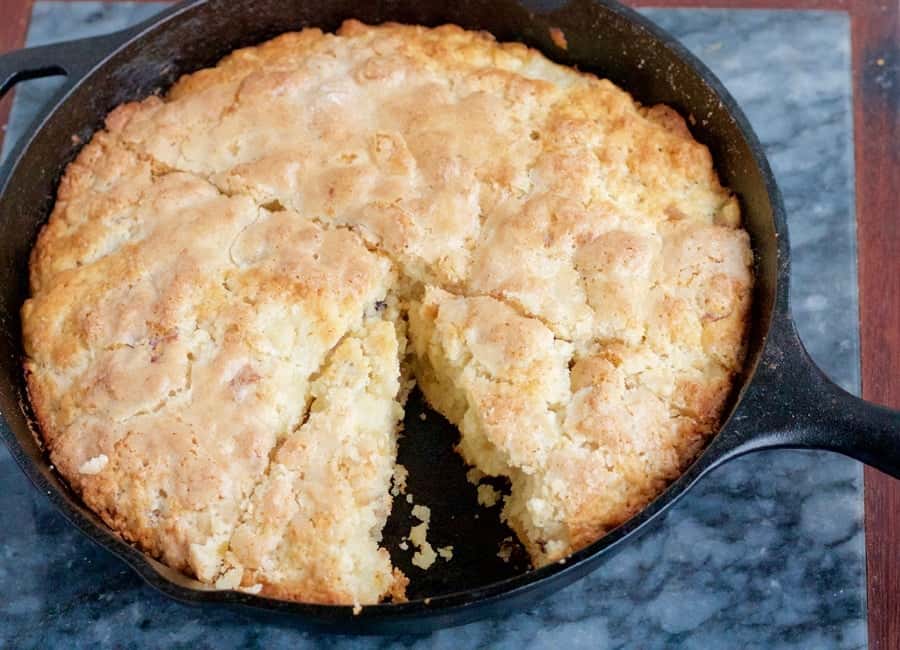 ginger peach scones cooked in a cast iron skillet