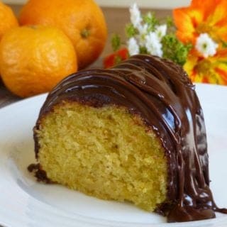 A slice of easy chocolate orange bundt cake on a plate.