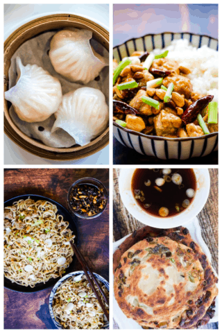 collage of 4 photos: upper left 3 har gow in a steamer basket; upper right kung pao chicken in a bowl with white rice; lower left sesame noodles; lower right scallion pancakes