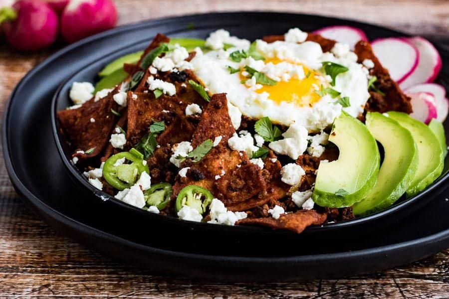 Chilaquiles with Chorizo and Red Chile Sauce.