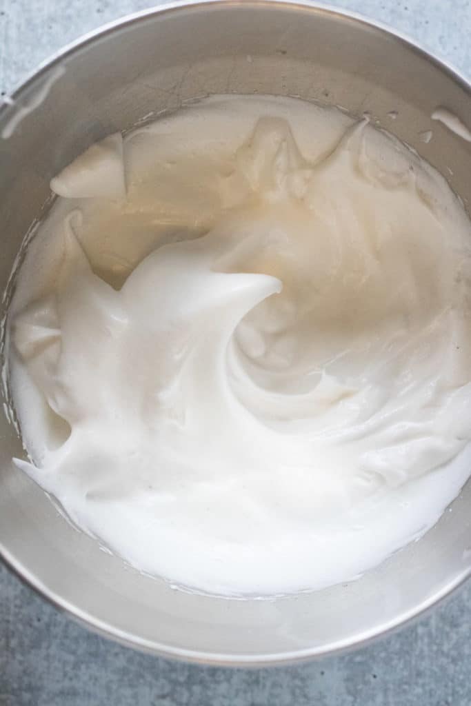 egg whites whipped to a fluffy meringue and ready to be folded into the rest of the pancake batter.