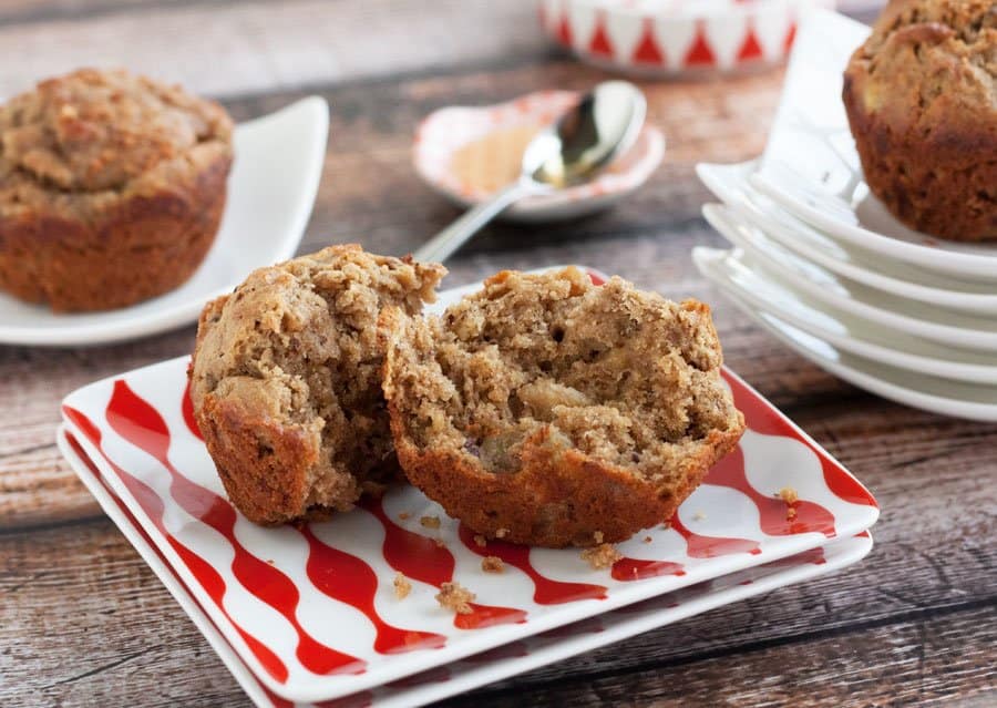 Gluten-free banana muffins on a red and white plate.