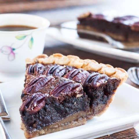 Slice of chocolate pecan pie