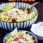 Mexican corn salad has all the flavors of street stall corn on the cob. Deeply sweet roasted corn tossed with butter, lime juice, and chiles and topped with freshly grated Parmesan cheese