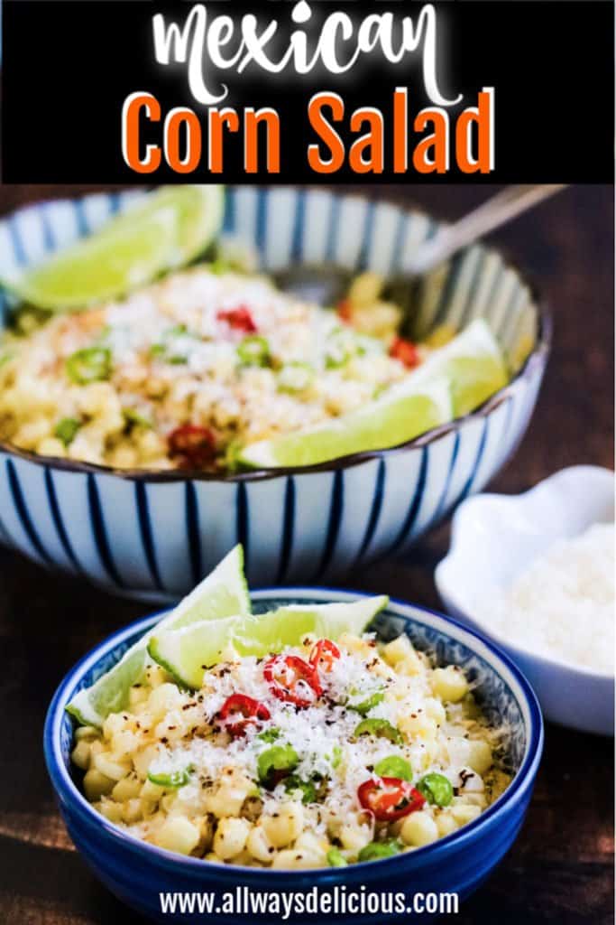 Mexican corn salad has all the flavors of street stall corn on the cob. Deeply sweet roasted corn tossed with butter, lime juice, and chiles and topped with freshly grated Parmesan cheese