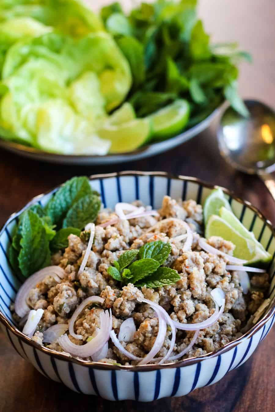 Low angle shot of thai larb with garnishes of fresh mint, lime wedges, sliced shallots and lettuce