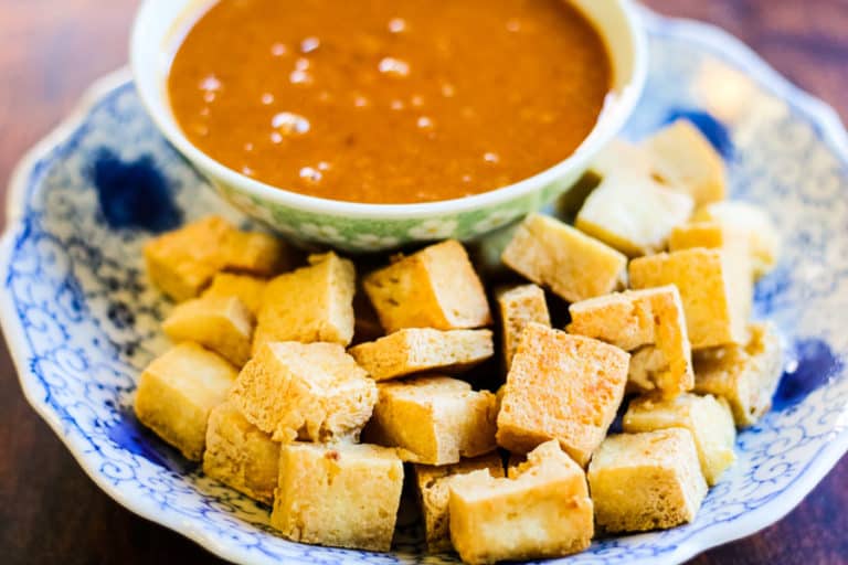crispy tofu nuggets with 5-ingredient peanut sauce