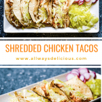 Keywords Used: shredded chicken tacosDescription with Keywords: Tasty shredded chicken tacos served on a white plate.