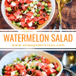 Watermelon feta salad in a white bowl with a spoon.