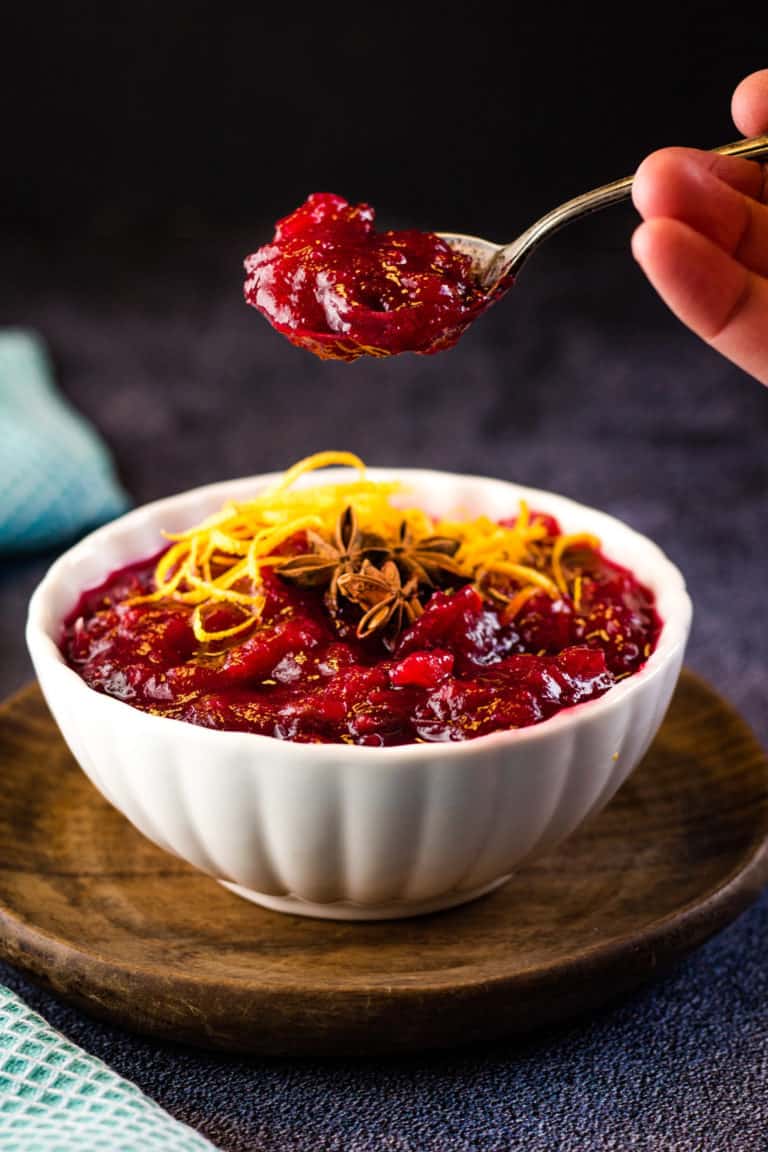 low angle shot of a bowl of cranberry sauce and a spoonful being lifted up