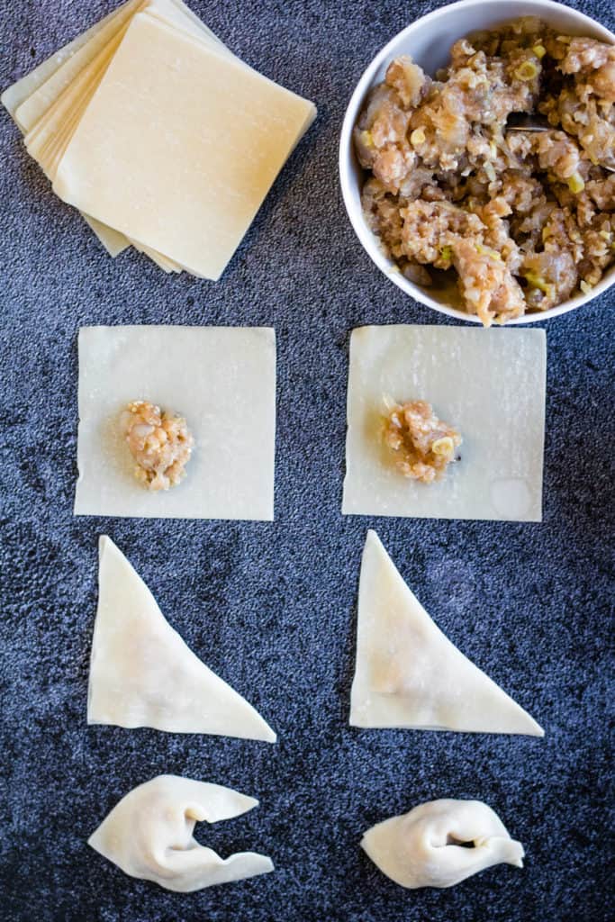 overhead image showing how to fill, fold, and shape fried wontons