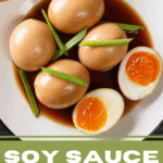 Soy sauce eggs on a plate.