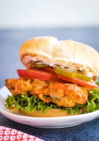 Low angle shot of an air fried spicy chicken sandwich