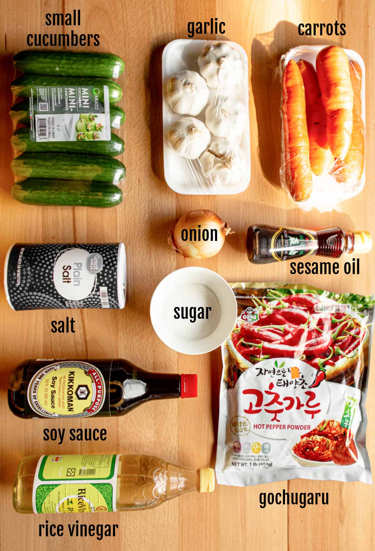 An overhead shot of the ingredients needed to make this cucumber kimchi recipe.