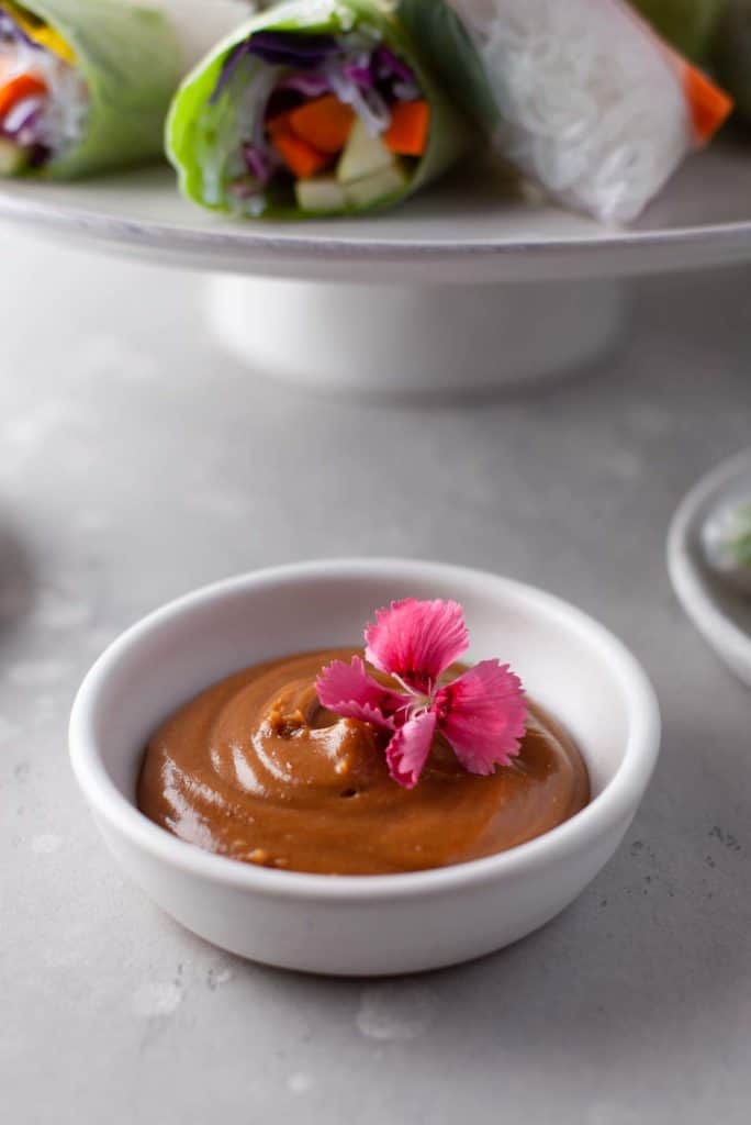 Low angle shot of a bowl of Vietnamese Peanut Sauce.