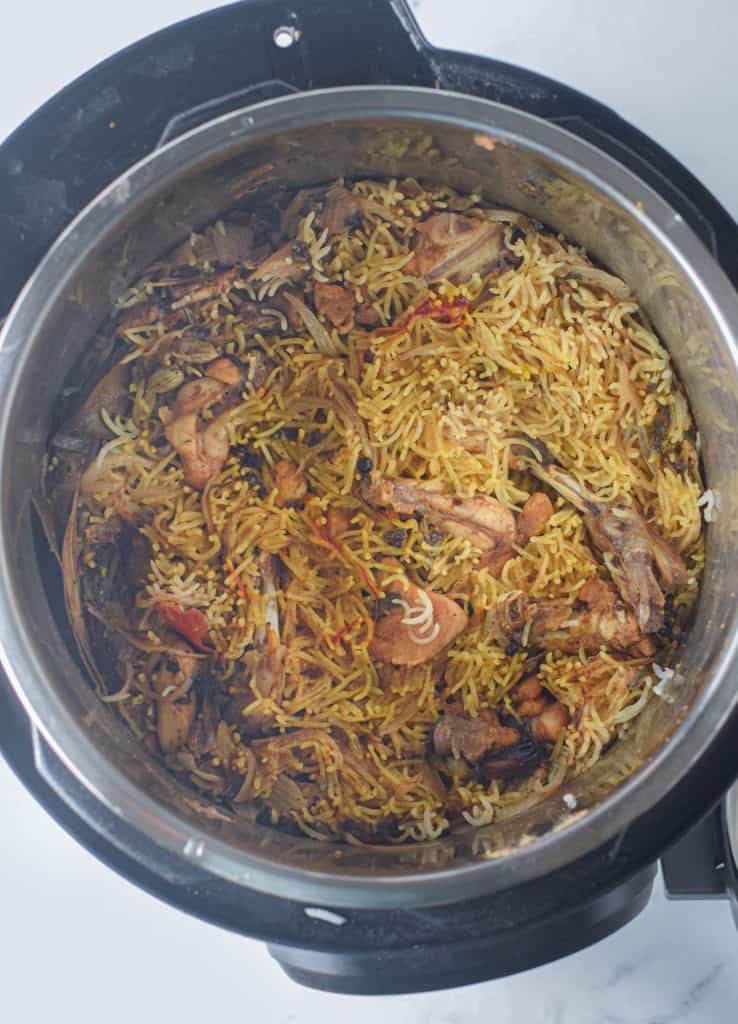 An Instant Pot filled with biryani.