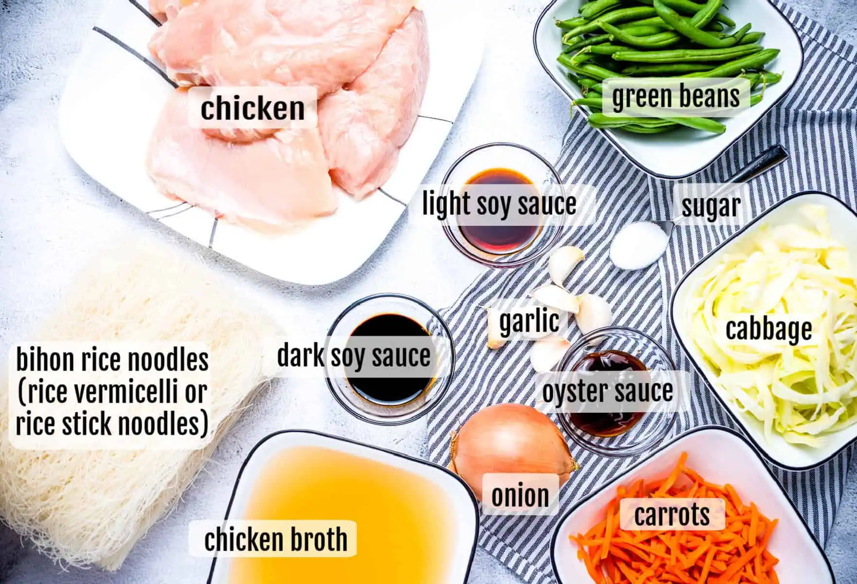Top-down view of labeled ingredients for a pancit bihon recipe, including chicken, green beans, carrots, cabbage, onion, garlic, sauces, sugar, chicken broth, and rice noodles.