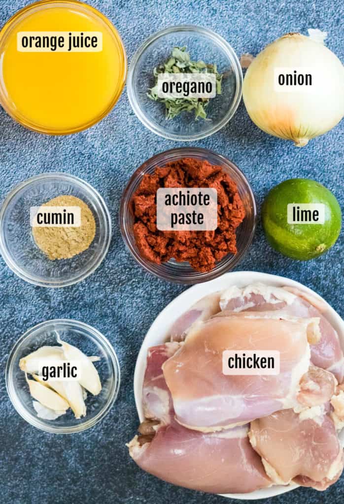 overhead shot of the ingredients needed to make pollo pibil
