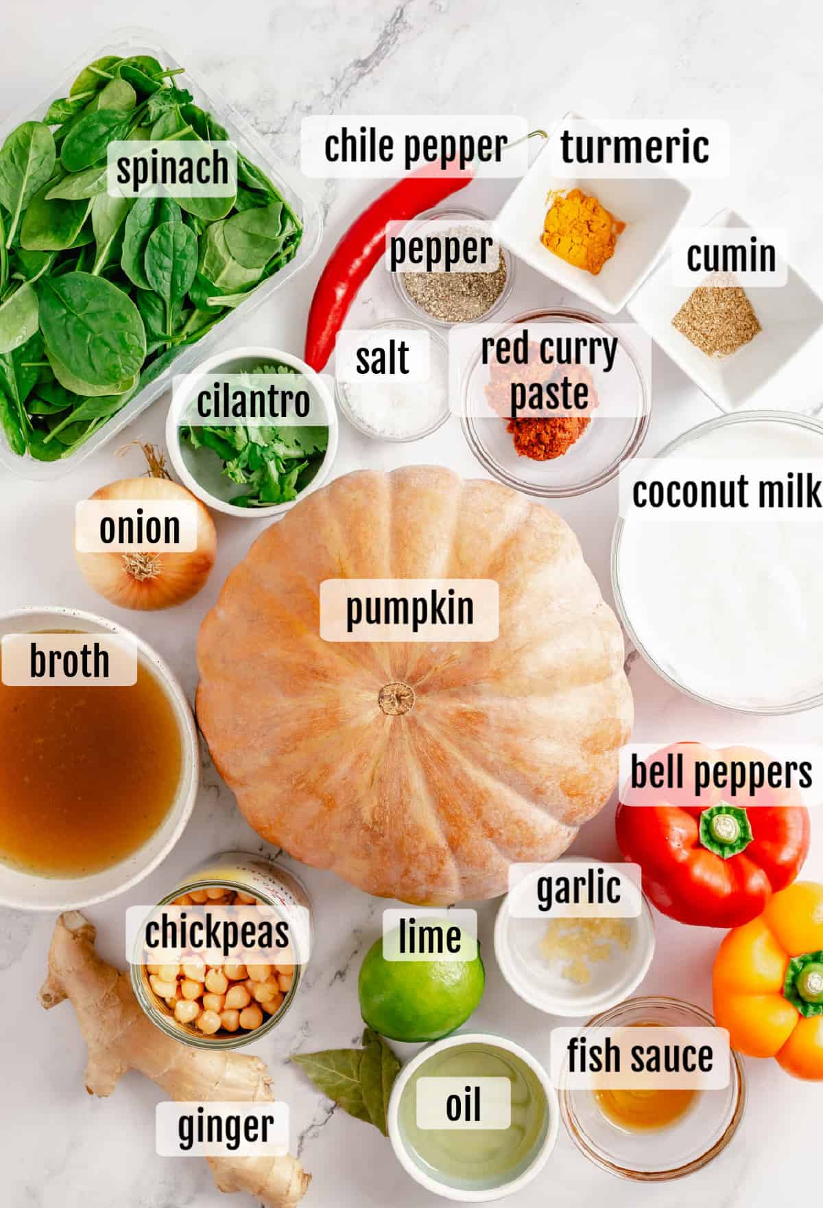 A list of ingredients for a Thai pumpkin curry soup.