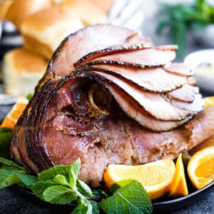 low angle shot of a spiral sliced ham