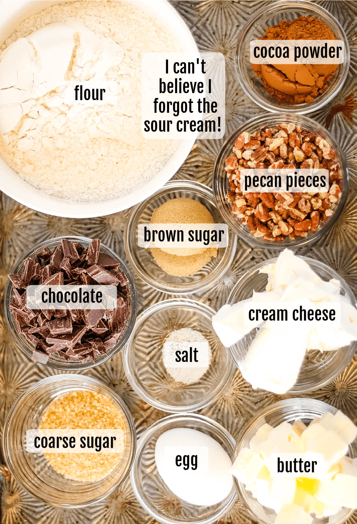 overhead shot of the ingredients needed to make chocolate rugelach