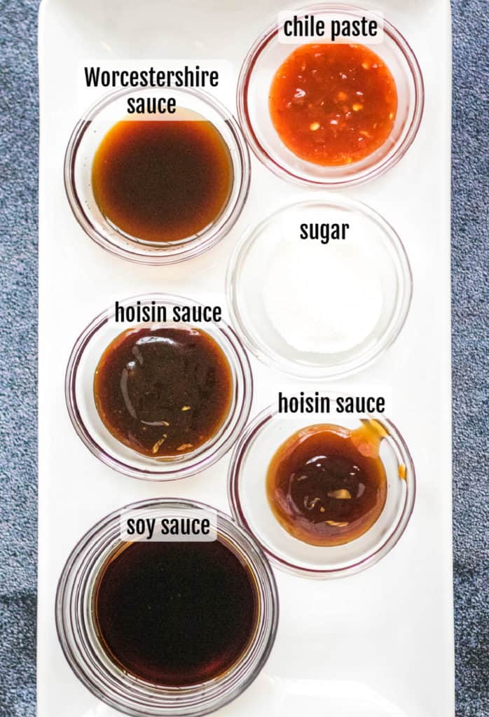overhead shot of ingredients needed to make yakisoba sauce