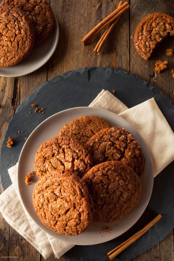 overhead shot of ginger snap cookies on a plate