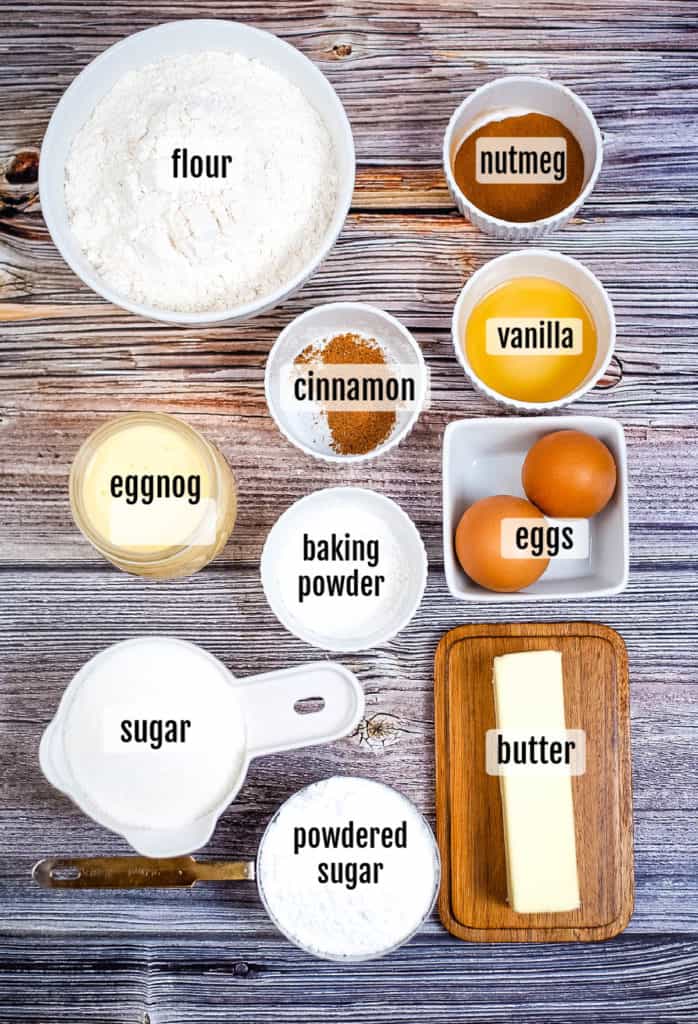 overhead shot of the ingredients needed to make the eggnog cake recipe