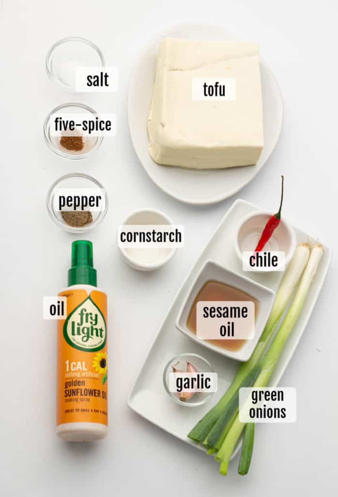 Overhead shot of the ingredients needed to make salt and pepper tofu