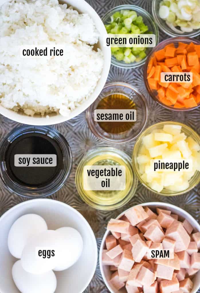 A list of ingredients for pineapple fried rice.