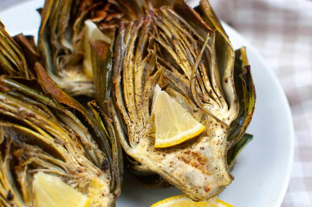 Low angle shot of air fried artichokes ready to eat.