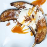 overhead shot of air fryer caramelized bananas.