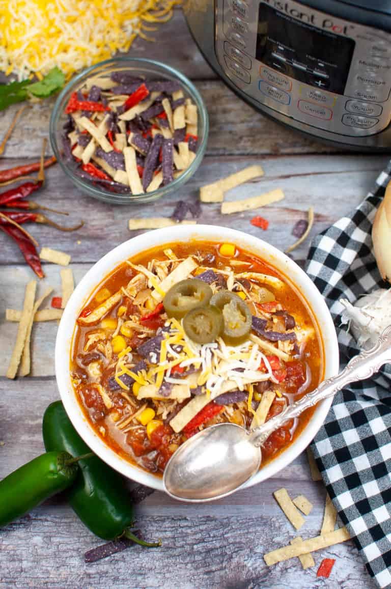 Overhead shot of a bowl of Instant Pot Tortilla Soup garnished with toppings.