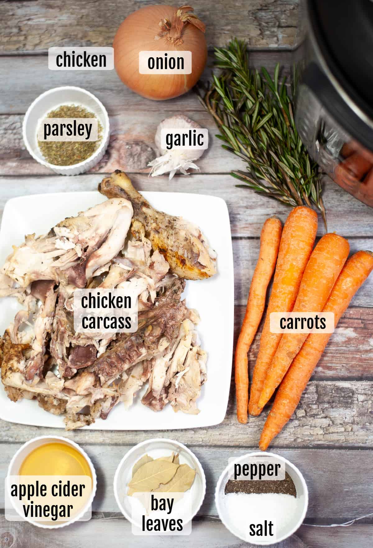 Instant pot chicken recipe with stock ingredients on a white plate.