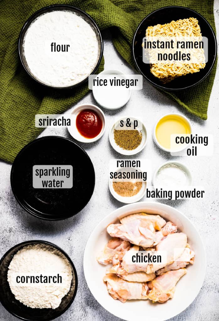 Overhead shot of the ingredients needed to make ramen fried chicken