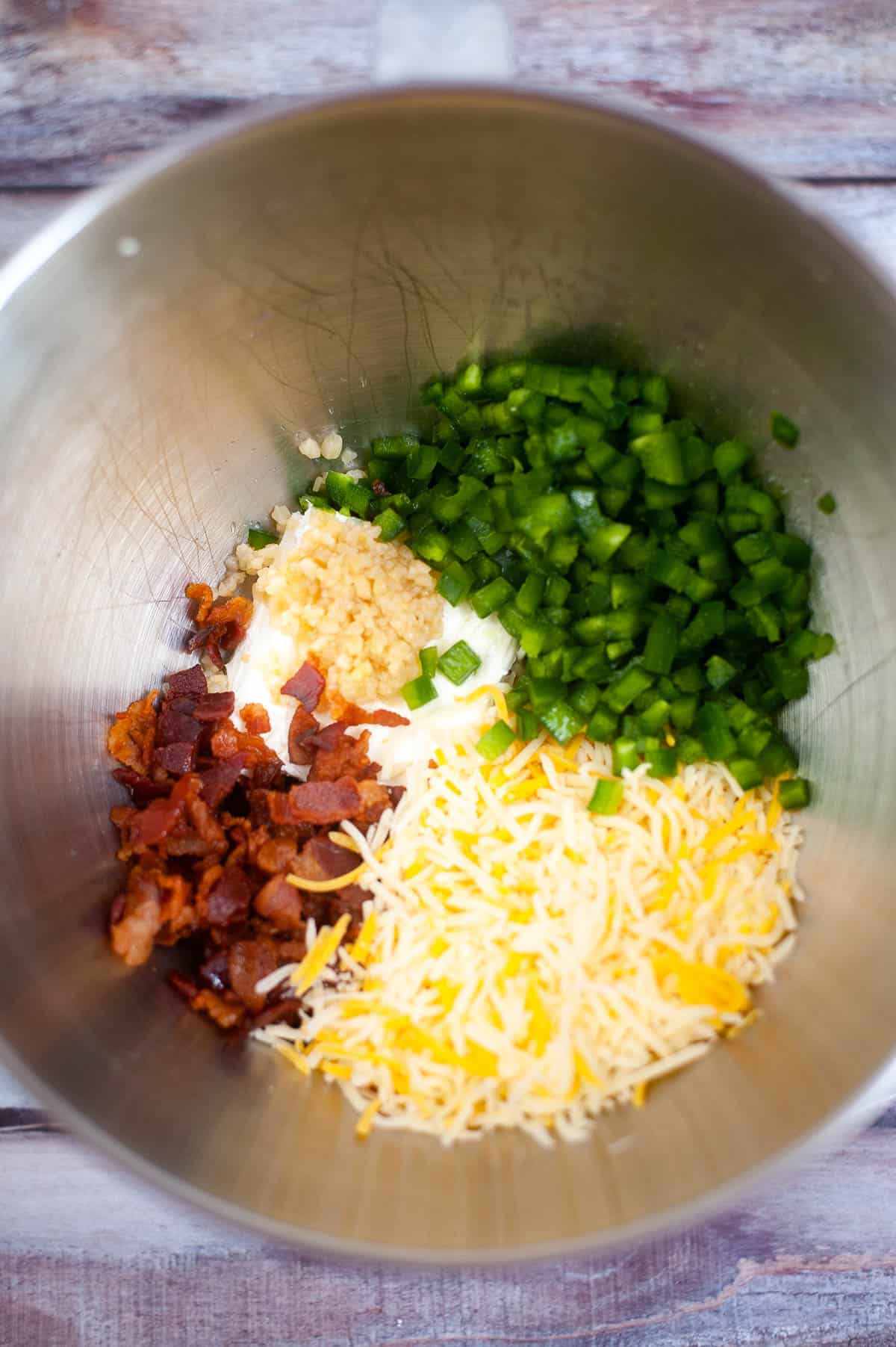 Bacon and cheese topped bowl with green onions.
