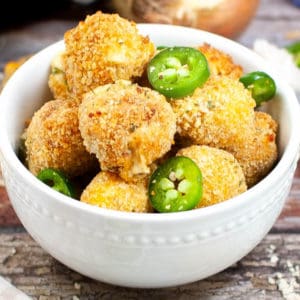 Low angle shot of a bowl of jalapeno popper bites.