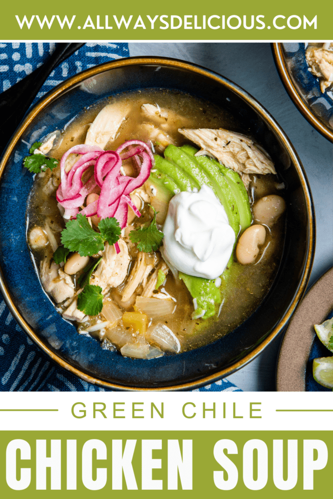 Pinterest pin for green chili chicken soup.
