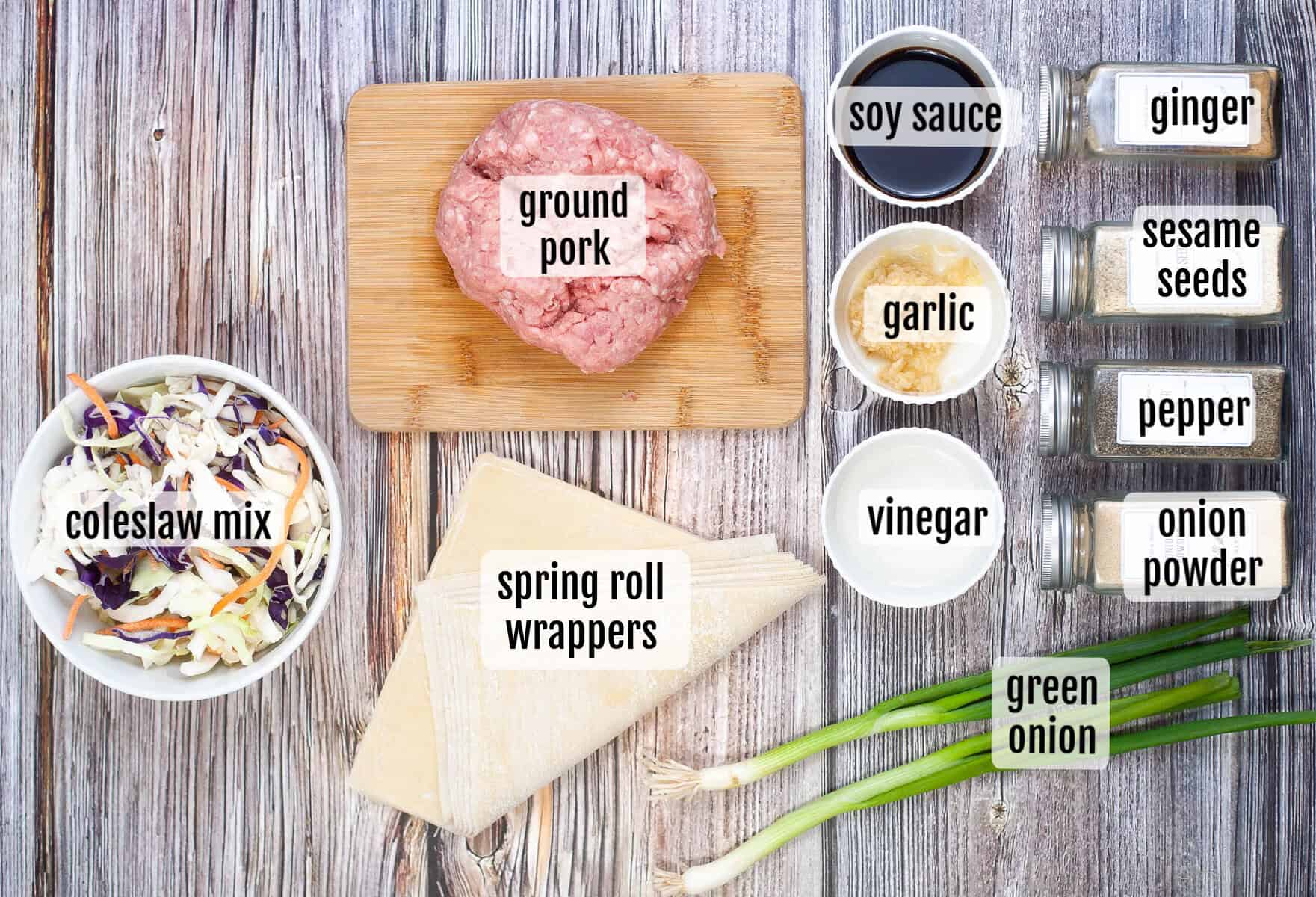 Ingredients for air fryer spring rolls arranged on a wooden surface, including ground pork, coleslaw mix, spring roll wrappers, green onion, soy sauce, vinegar, ginger, garlic, sesame seeds, pepper, and onion powder.