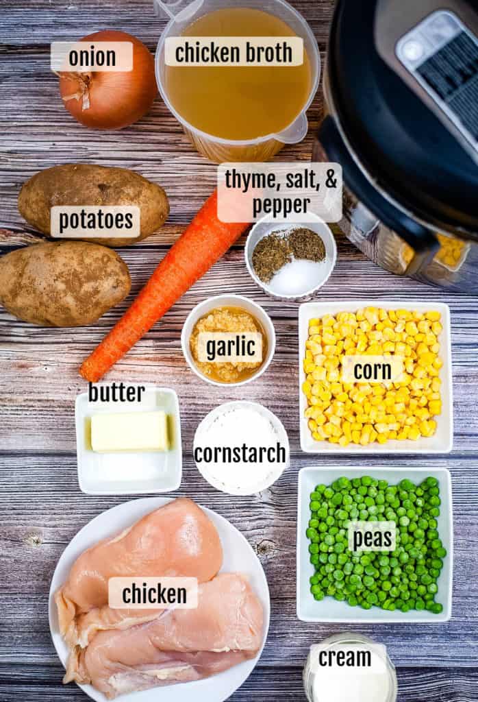 Instant pot chicken noodle soup ingredients on a wooden table.