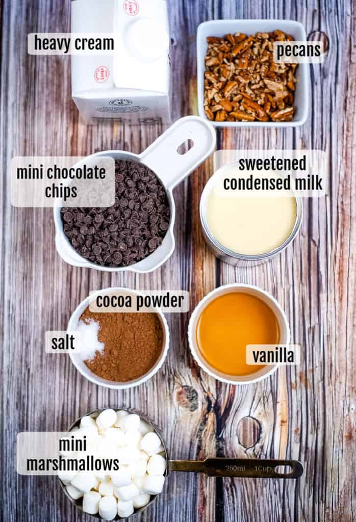 Overhead shot of the ingredients needed to make rocky road ice cream.