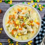 Overhead shot of a bowl of instant pot chicken pot pie soup.