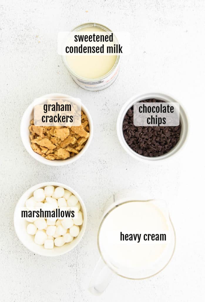 overehead shot of the ingredients needed to make s'mores ice cream.